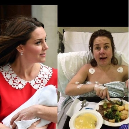 Nina Warhurst after her delivery eating the hospital food while making a remark about Kate Middleton's birth of third child
